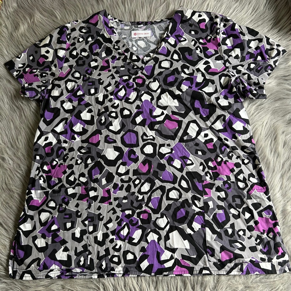 White Cross Scrub Top Womens Size Large Gray Purple Short Sleeve‎ Work Shirt